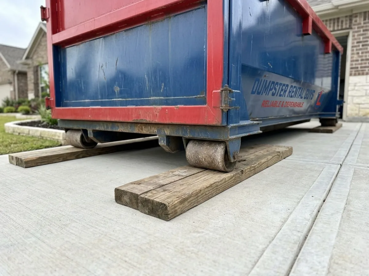 Close-up of a roll-off dumpster resting on timber protection boards on a driveway