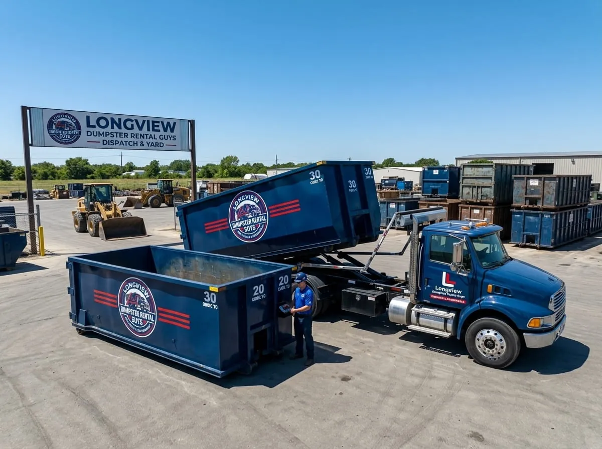 Longview Dumpster Rental Guys roll-off truck fleet parked at the Longview yard