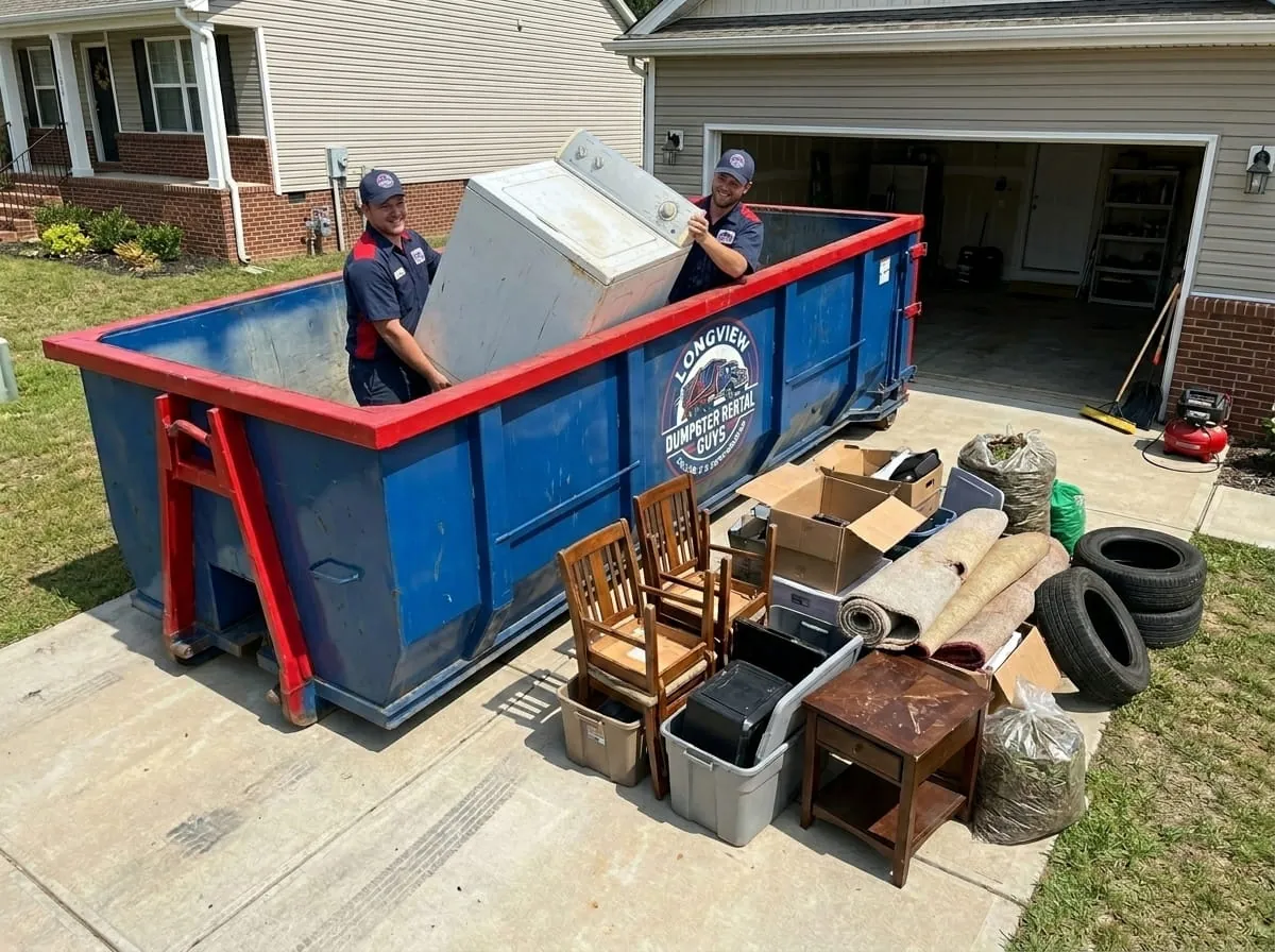 Crew loading furniture into a roll-off container during a cleanout in Longview, Texas