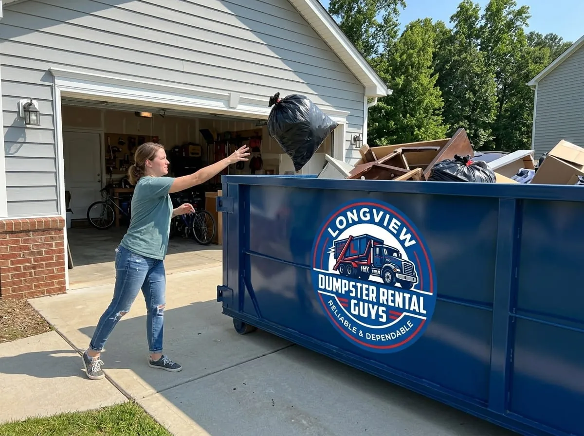 Homeowner loading a bag of household junk into a roll-off dumpster in Longview, Texas Homeowner loading a bag of household junk into a roll-off dumpster in Longview, Texas