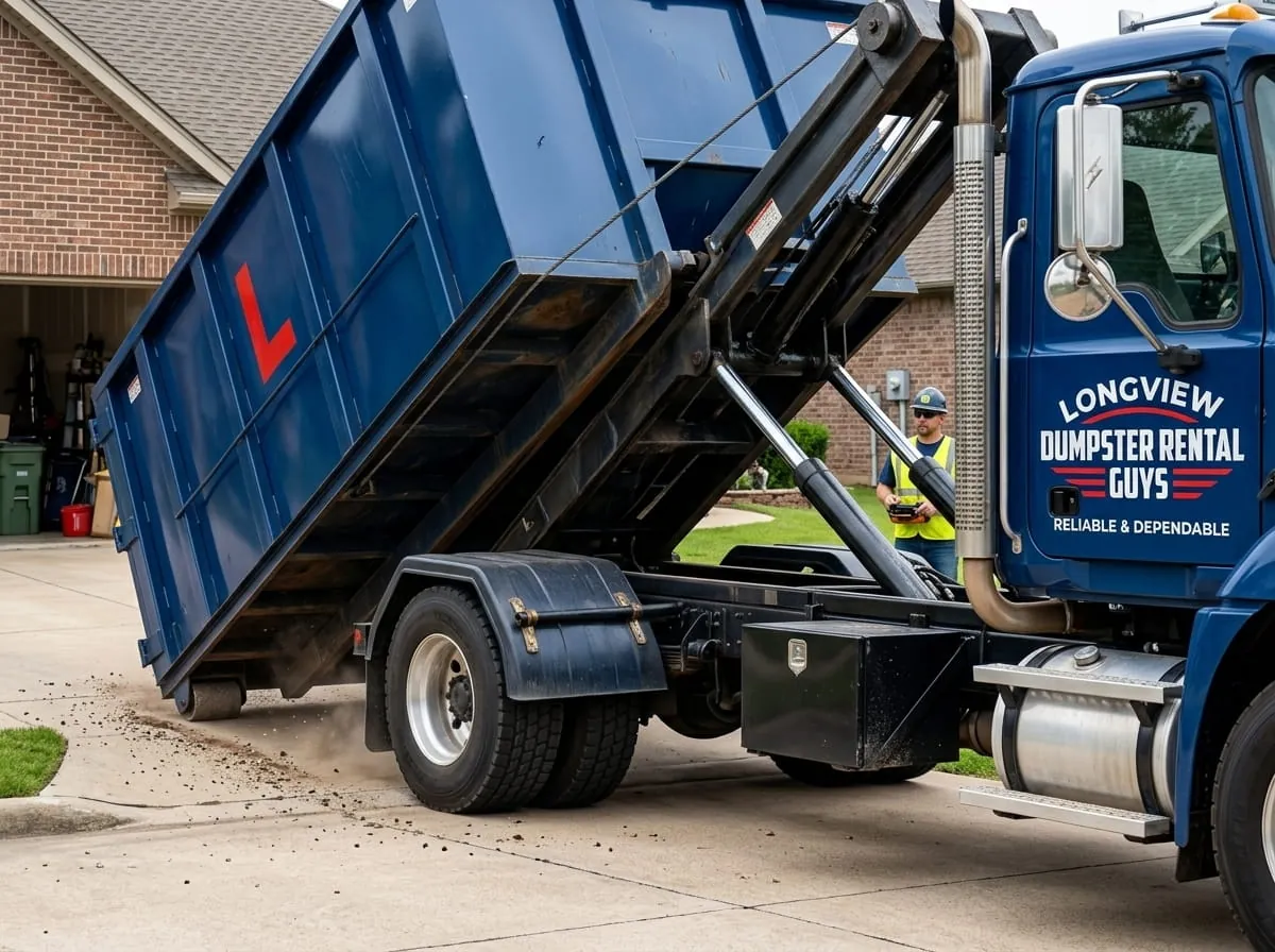 Roll-off truck delivering a dumpster to a residential address in Longview, TX Roll-off truck delivering a dumpster to a residential address in Longview, TX