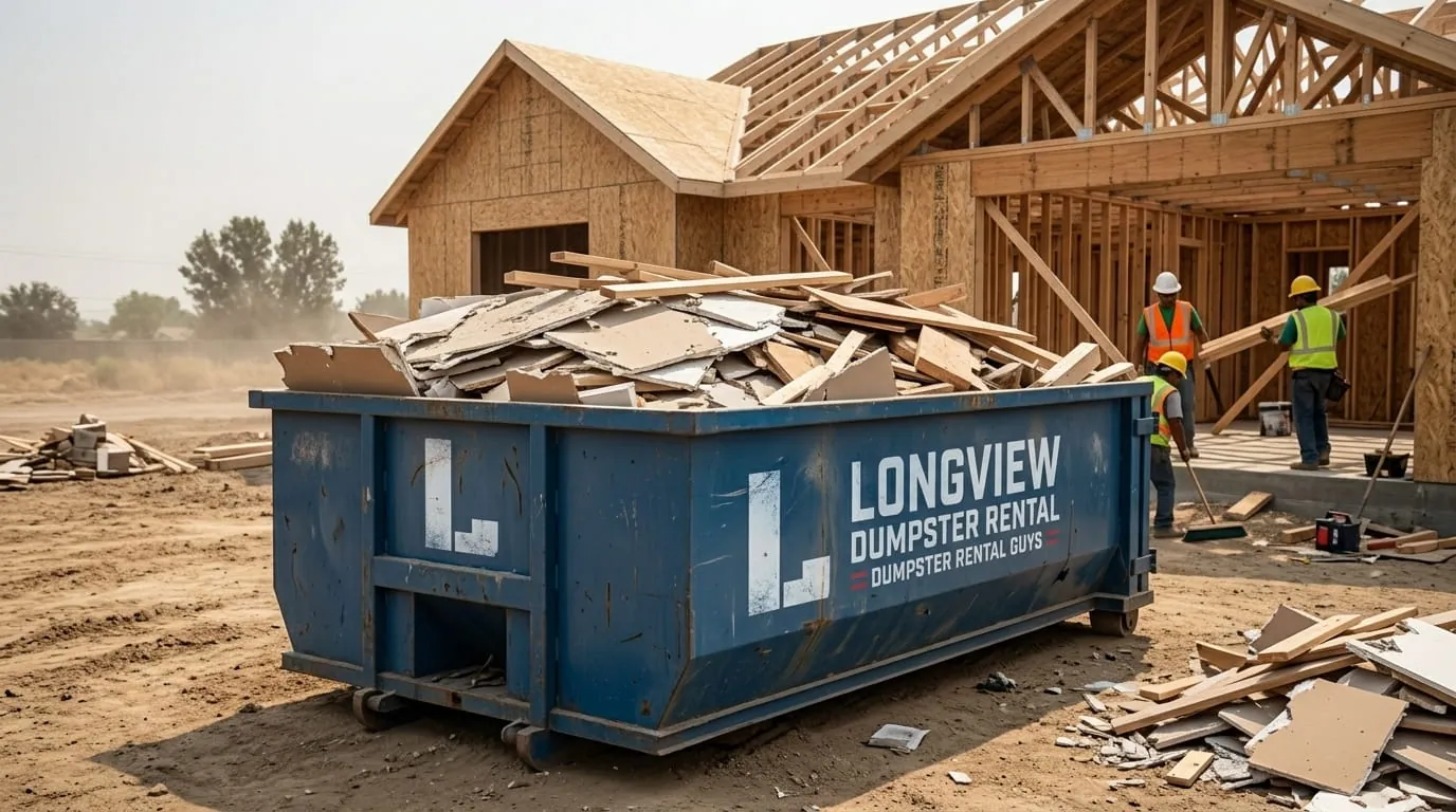 Roll-off container collecting debris at a house under construction in Longview, Texas
